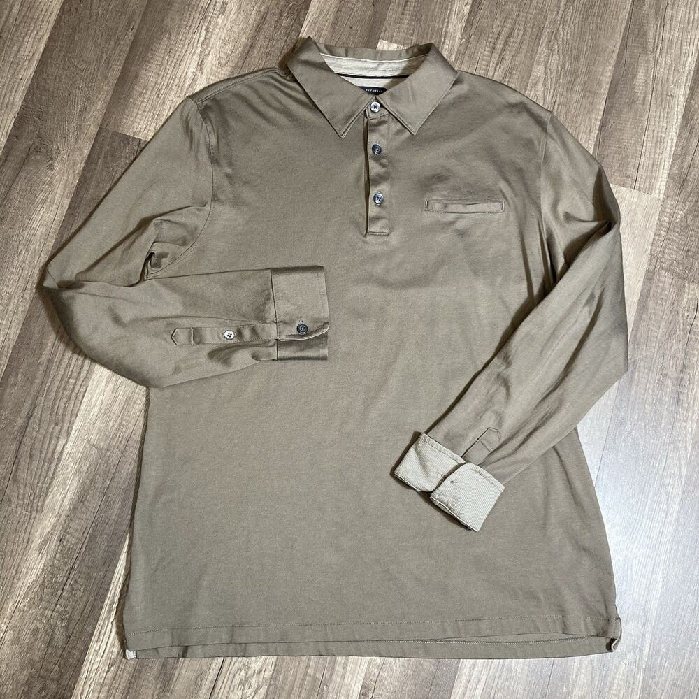 Banana Republic Long Sleeve Polo Shirt Mens Brown Cotton Stretch Flip Cuff XL